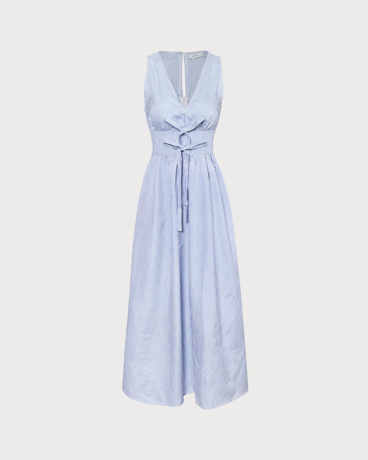 Maxct The Blue V Neck Shirred Striped Maxi Dress