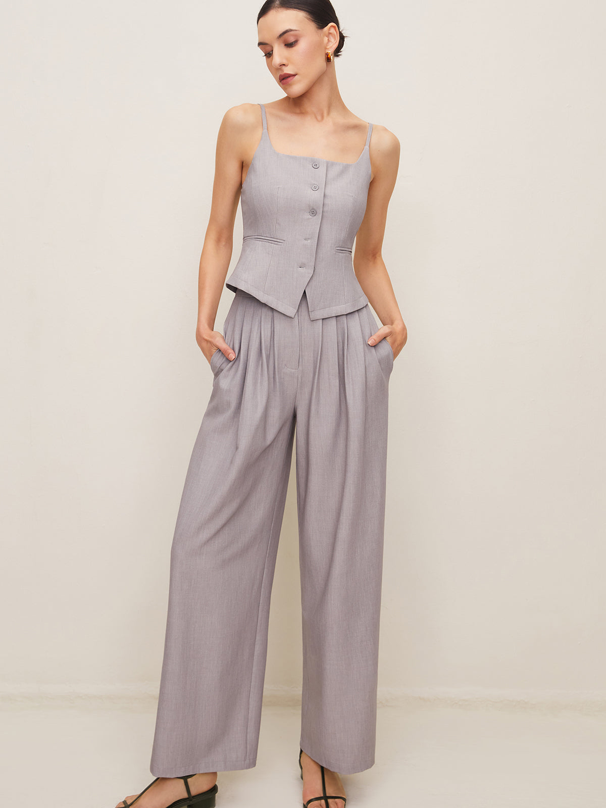 Maxct Pleated Sleeveless Plain Pants Set