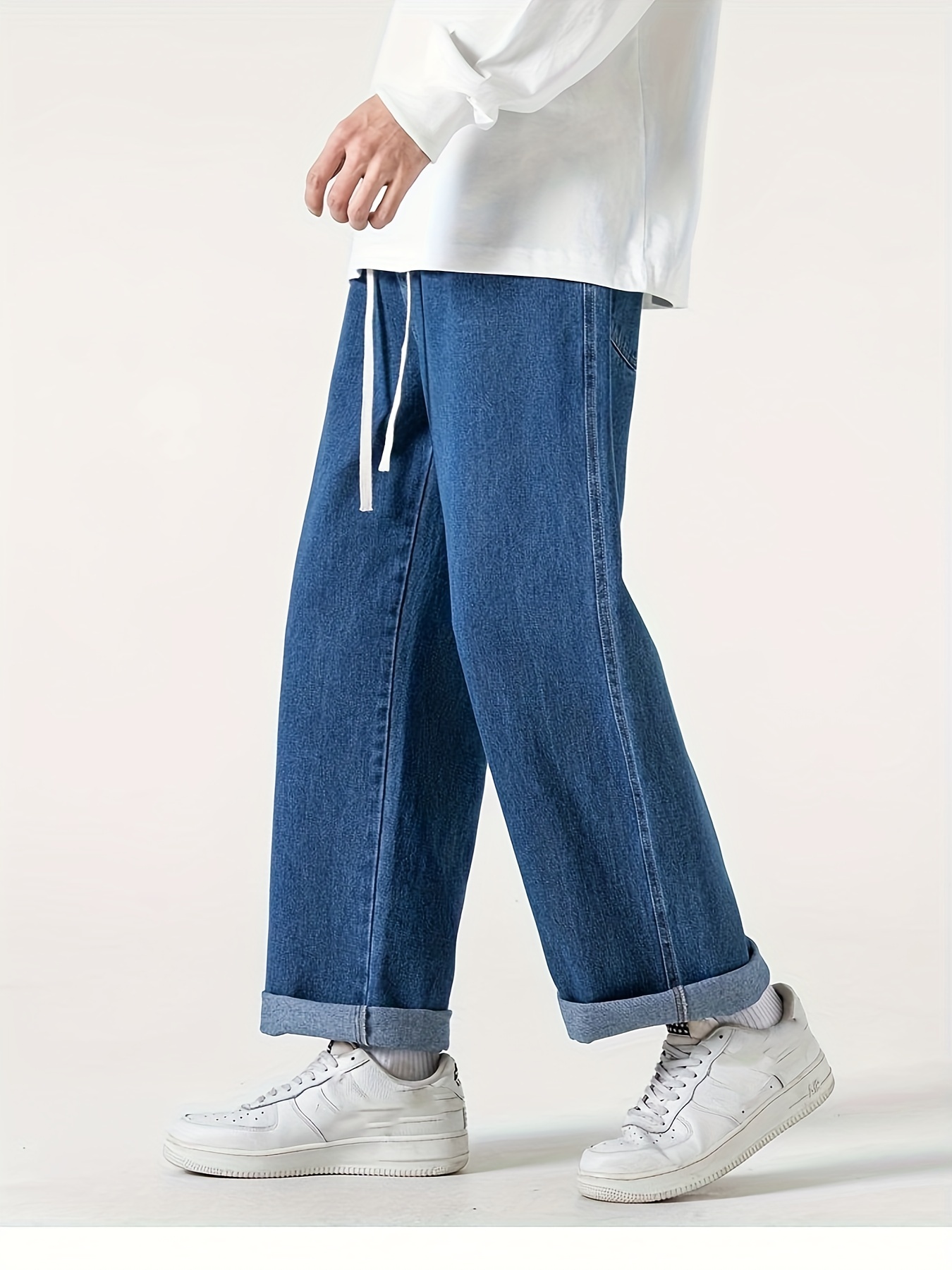 Wide Leg Cotton Jeans, Men's Casual Street Style Loose Fit Denim Pants For Spring Summer