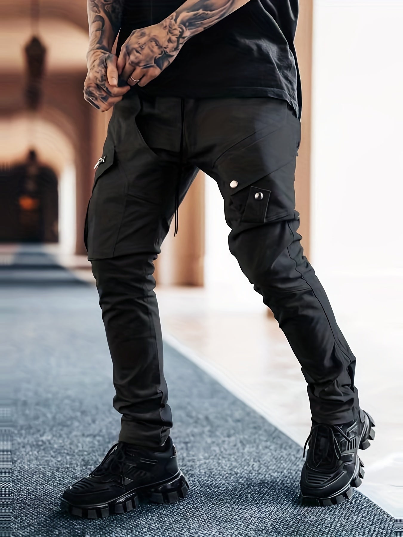 Maxct  Men's Drawstring Cargo Pants, Zip Pocket Slim Fit Trendy Outdoor Pants, Mens Work Pants, Tactical Pants