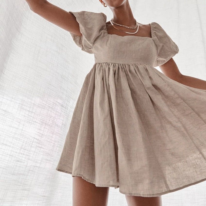 Tampa Puff Sleeve High Waist Linen Mini Dress Maxct