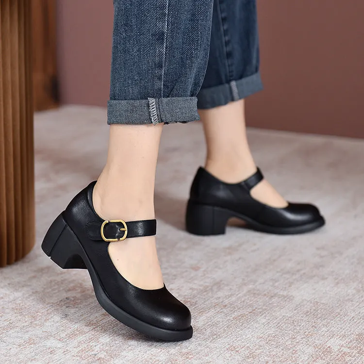 Handmade Pumps Mary Jane Heels Sandalss Round Toe  Retro Velcro Sandals Black/Brown Maxct