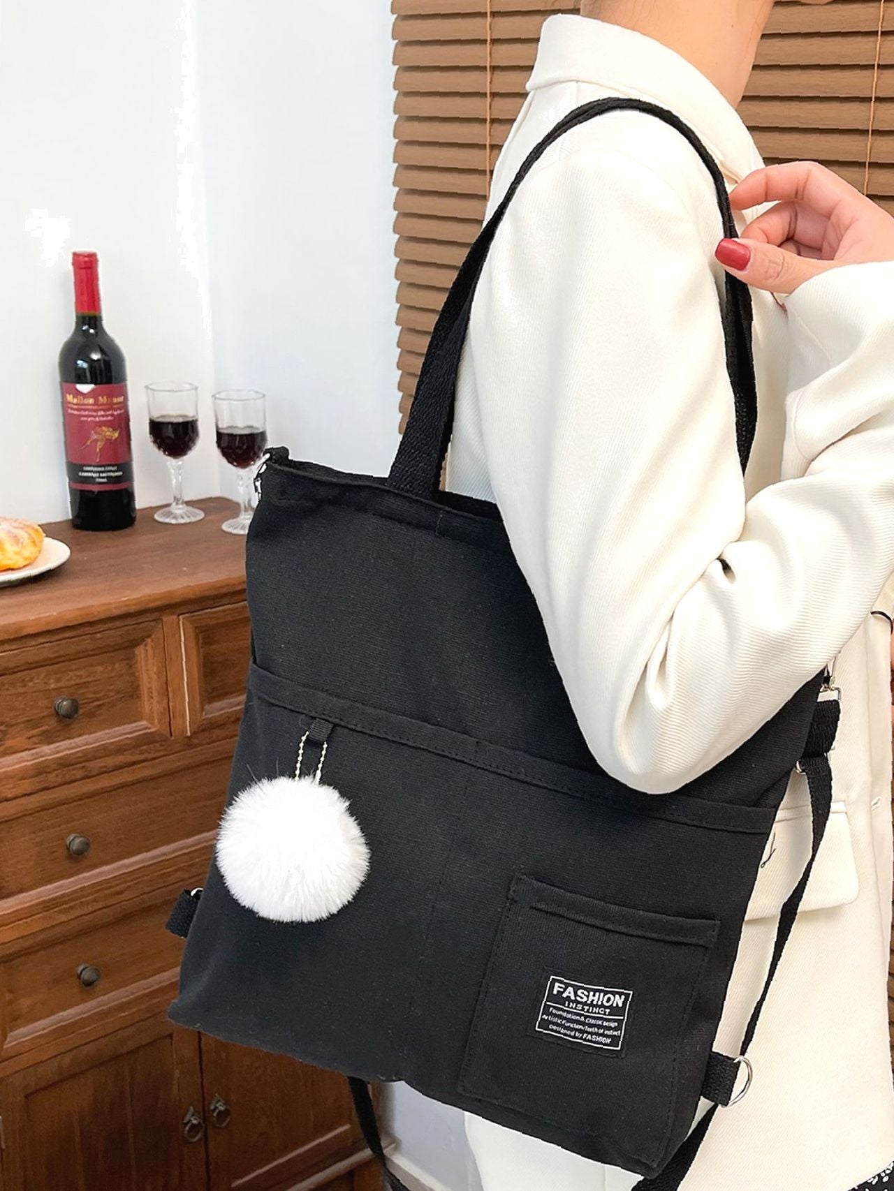 Maxct - Letter Graphic Shopper Bag with Bag Charm  - Women Tote Bags