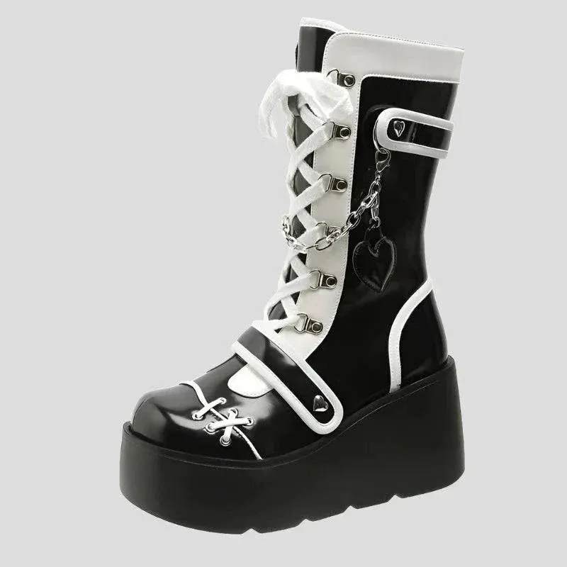 Platform Wedge Women's Punk Boots Black and White Gothic Style Maxct