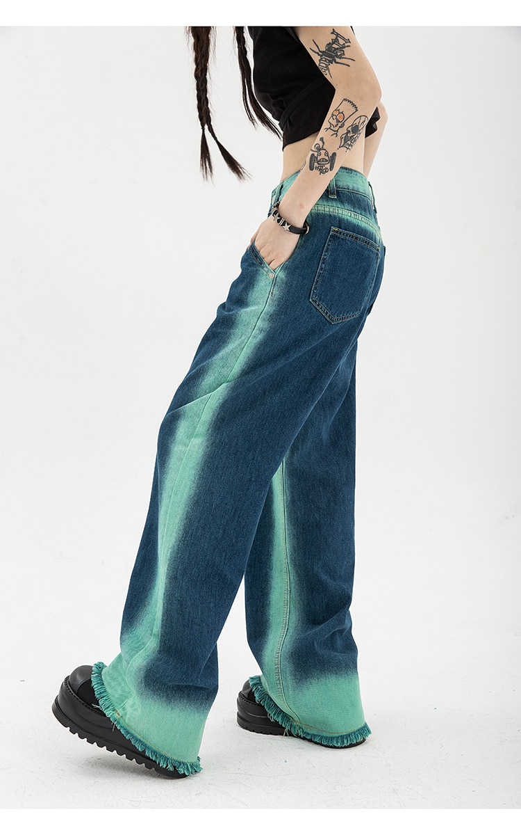 High Waisted Pants Baggy Women's Jeans: Gradient Color Wide Leg