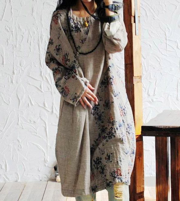 Spring Loose Soft Vintage Ethnic Style Printed Cotton Linen Dresses