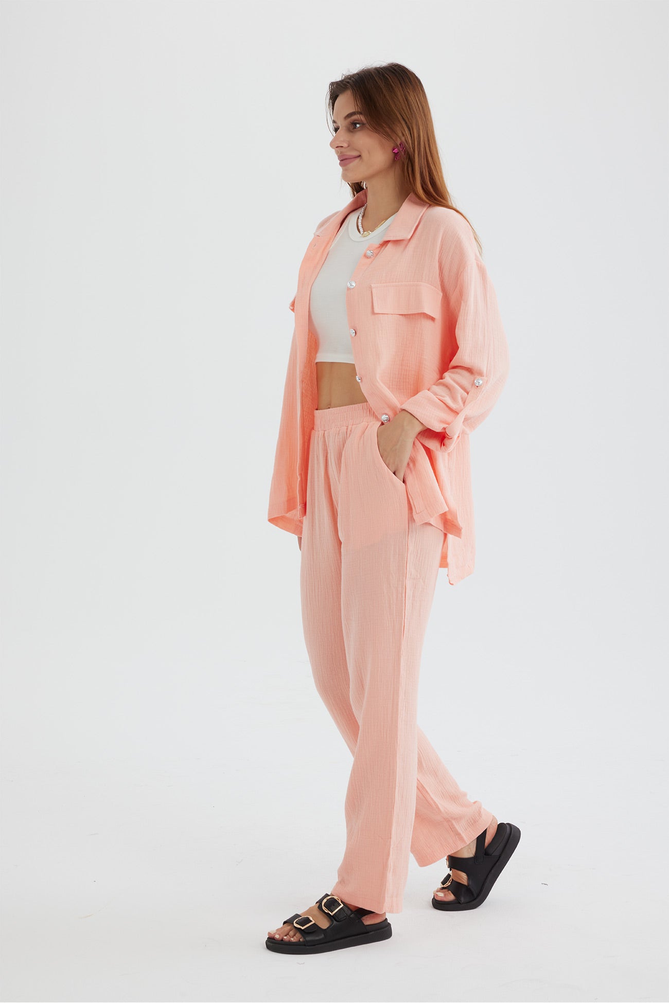 Maxct Long Sleeve Pocketed Slit Shirt Long Pants Suits
