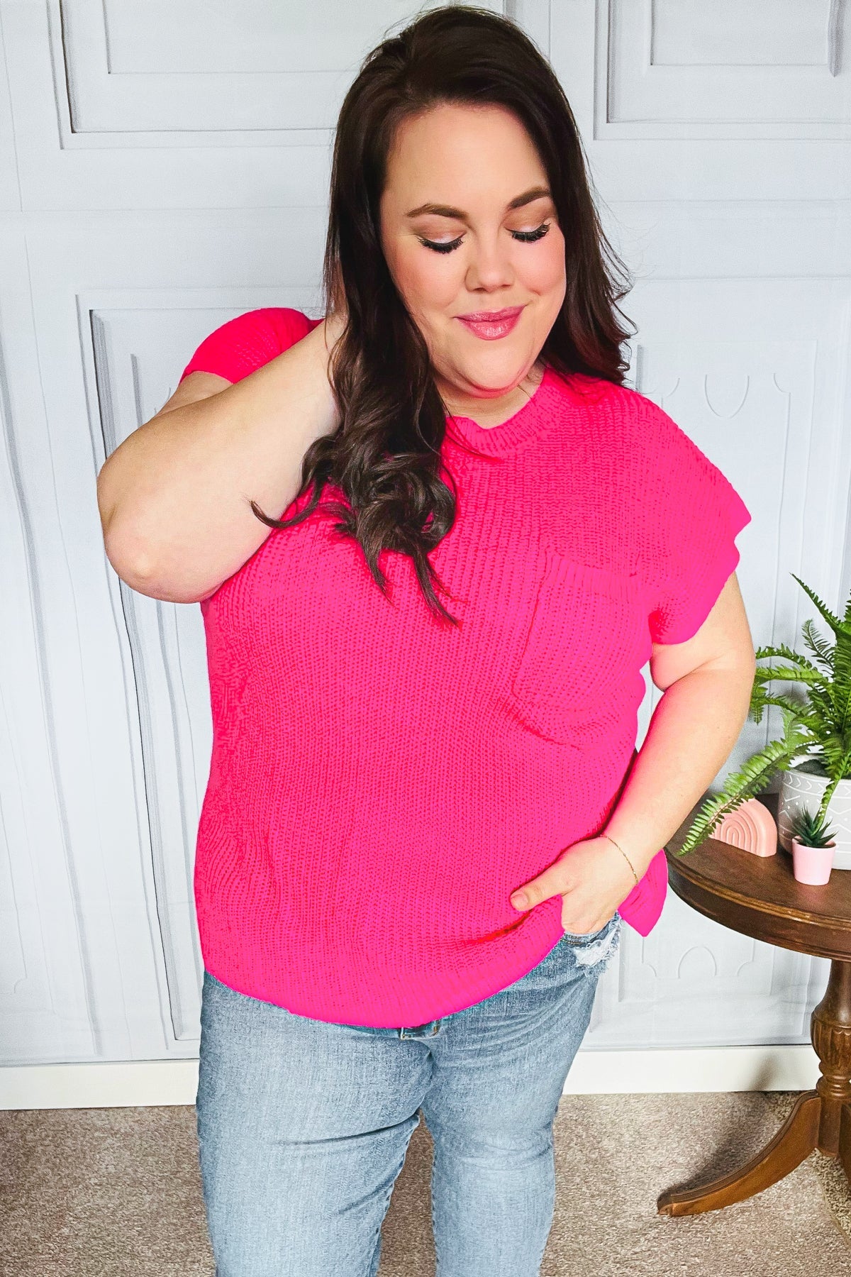 Maxct &Best In Bold Hot Pink Dolman Ribbed Knit Sweater Top
