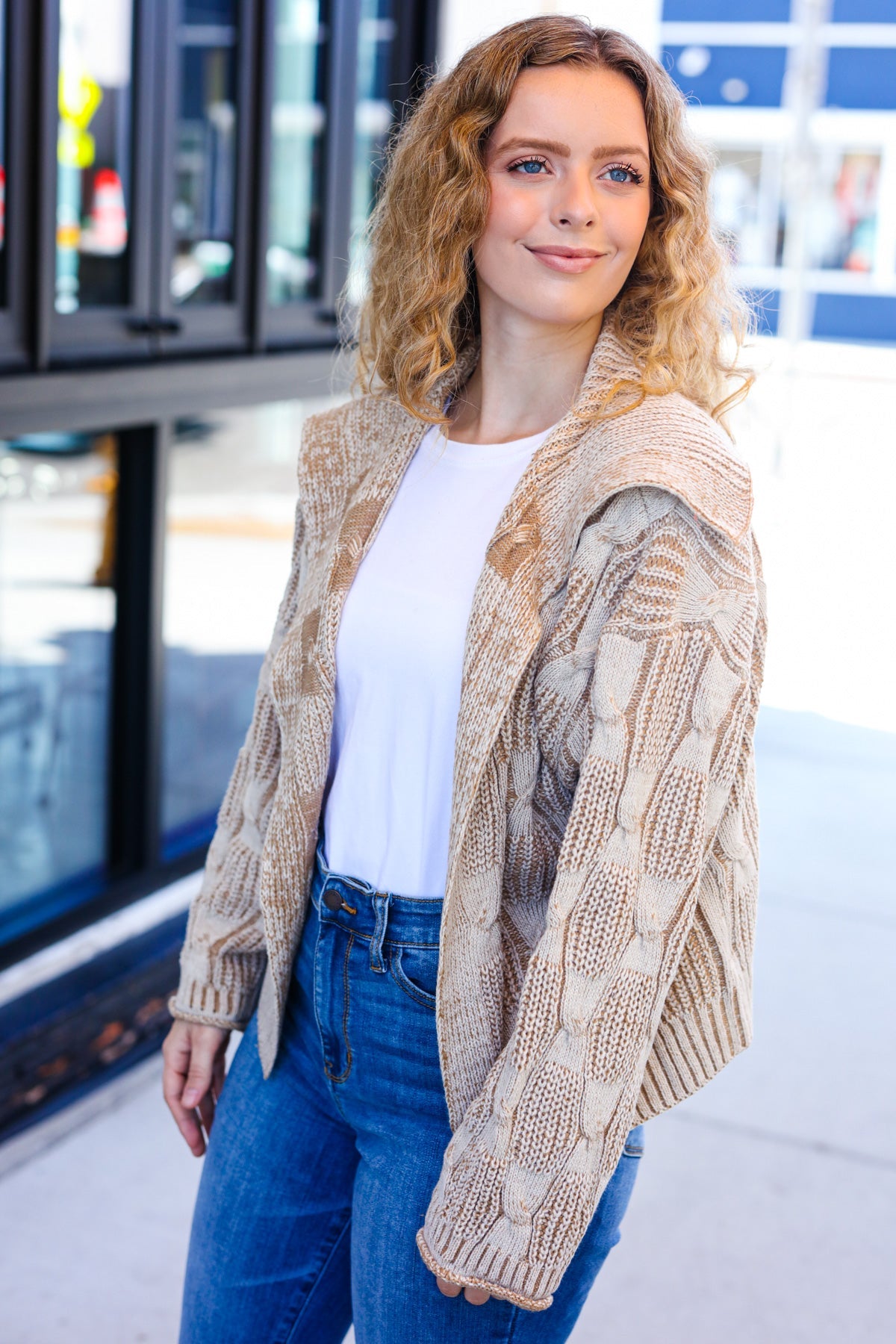Maxct &Autumn Vibes Taupe Textured Cable Knit Collared Cardigan