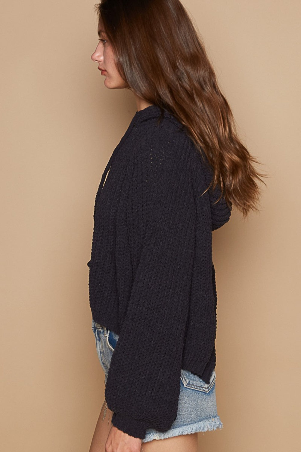 Maxct &POL Back Open Slit Balloon Sleeve Crop Hooded Sweater