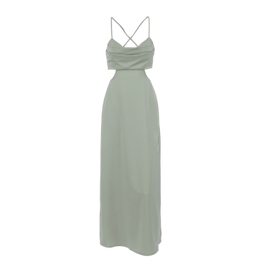 Maxct dress Summer New Satin Solid Color Sling Dress Women's Sexy Hollow Backless Inner Dress