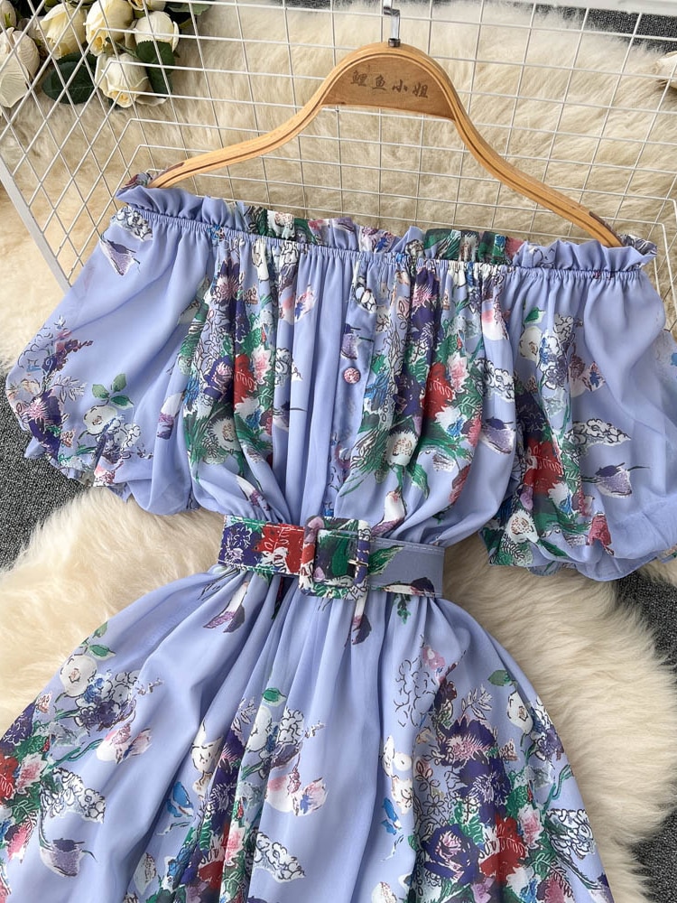 Bohemian Floral Chiffon Long Dress Women Sexy Off Shoulder Ruffle Puff Short Sleeve High Waist A-Line Big Swing Vestidos