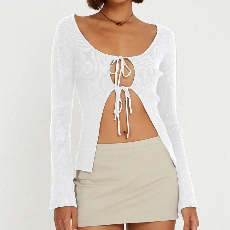 Maxct Fairy Y2K Knitted Cardigans Crop Tops Hotsweet Front Tie Up T-shirt Women Vintage Long Sleeve Slim Fit Tee Korean Streetwear