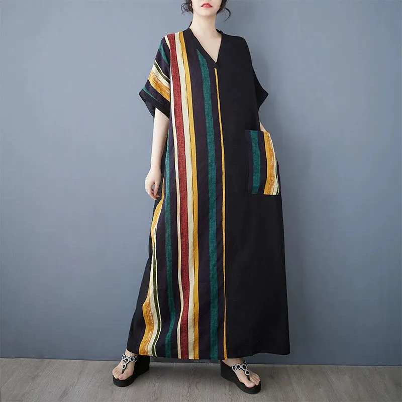Women Summer Retro Cotton-Linen V-Neck Short-Sleeve Color-Block Maxi Dress
