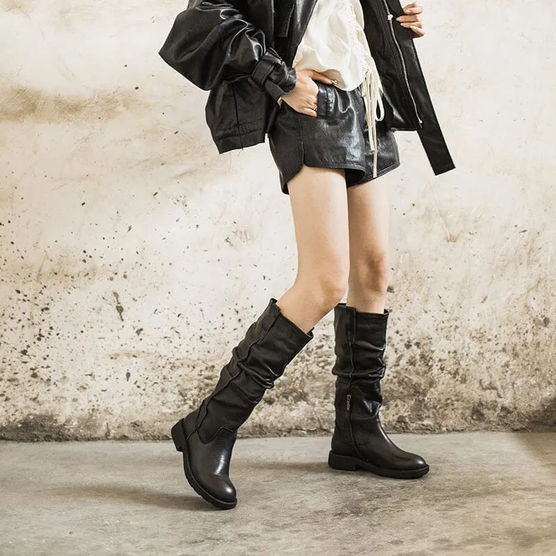 Waxing Knee High Boots Fold Design Riding Boots Buckle Boots Maxct