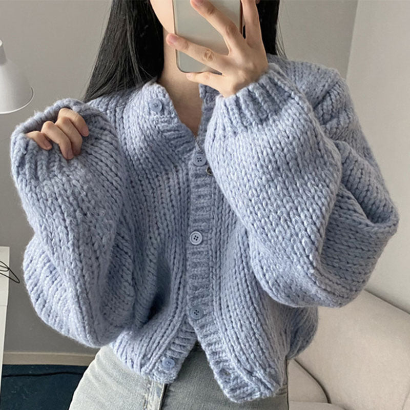 Maxct Round Neck Lantern Sleeve Knitted Cardigan