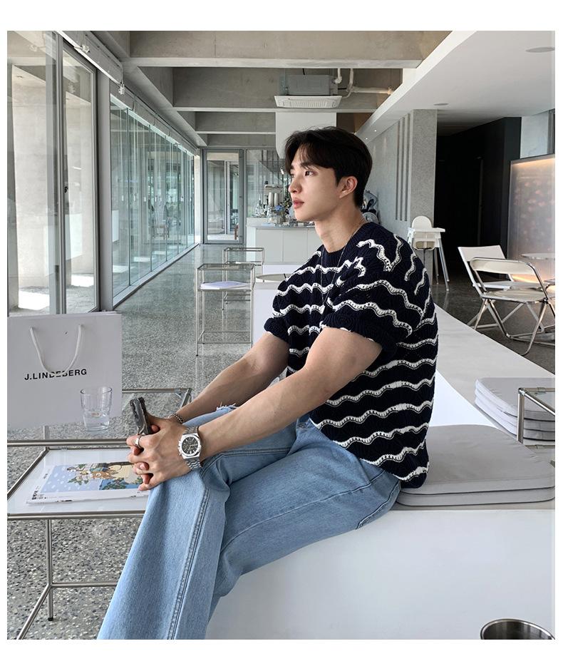 Maxct 90s Streetwear Men's T-shirt Short-sleeved Summer Trendy Brand High-grade Sense Heavy Industry Hollow Knitted Sweater Jacquard Wave Striped T-shirt Top