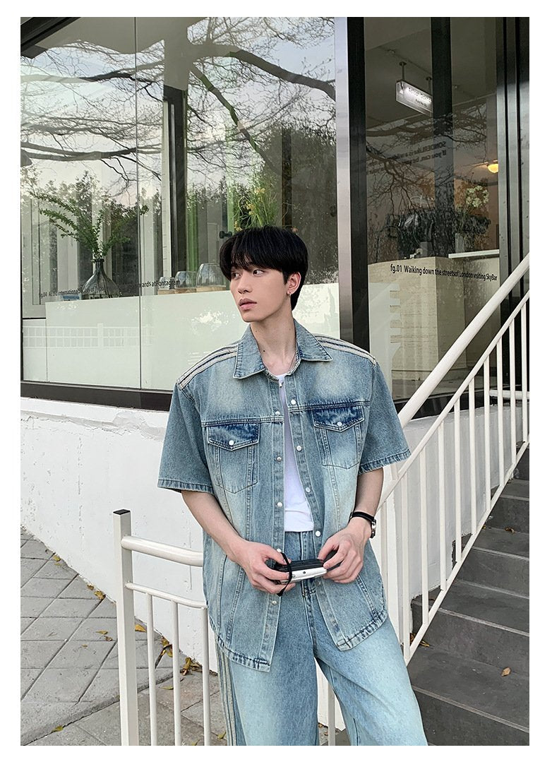 Maxct 90s Streetwear Niche Vintage Washed Padded Shoulder Short Sleeve Denim Shirt Spring And Summer New Korean Style Design Sense Shirt Coat Top - Image 8