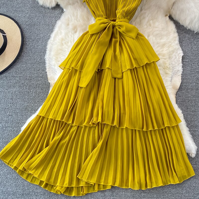 Women's Purple/Pink/Green Draped Dress Vintage Ruffle Stand Collar Sleeveless High Waist Party Pleated Vestidos Female New