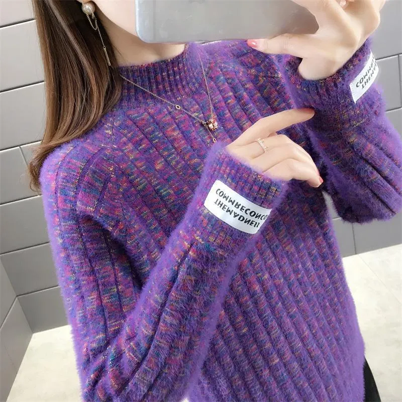 Maxct Winter Half High Collar Imitation Mink Velvet Sweater Female Loose Casual All-match Knitting Jumper Top Women Pullovers