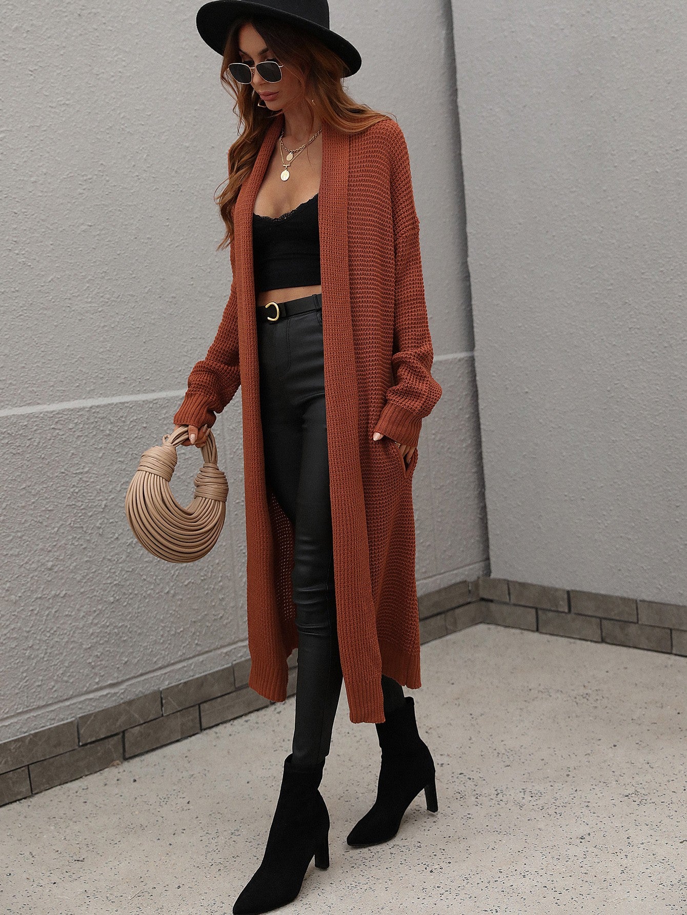 Maxct &Double Take Waffle Knit Open Front Duster Cardigan With Pockets