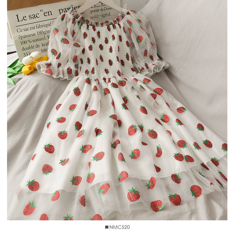 Strawberry Printed Elegant Chiffon Transparent Dress Maxct