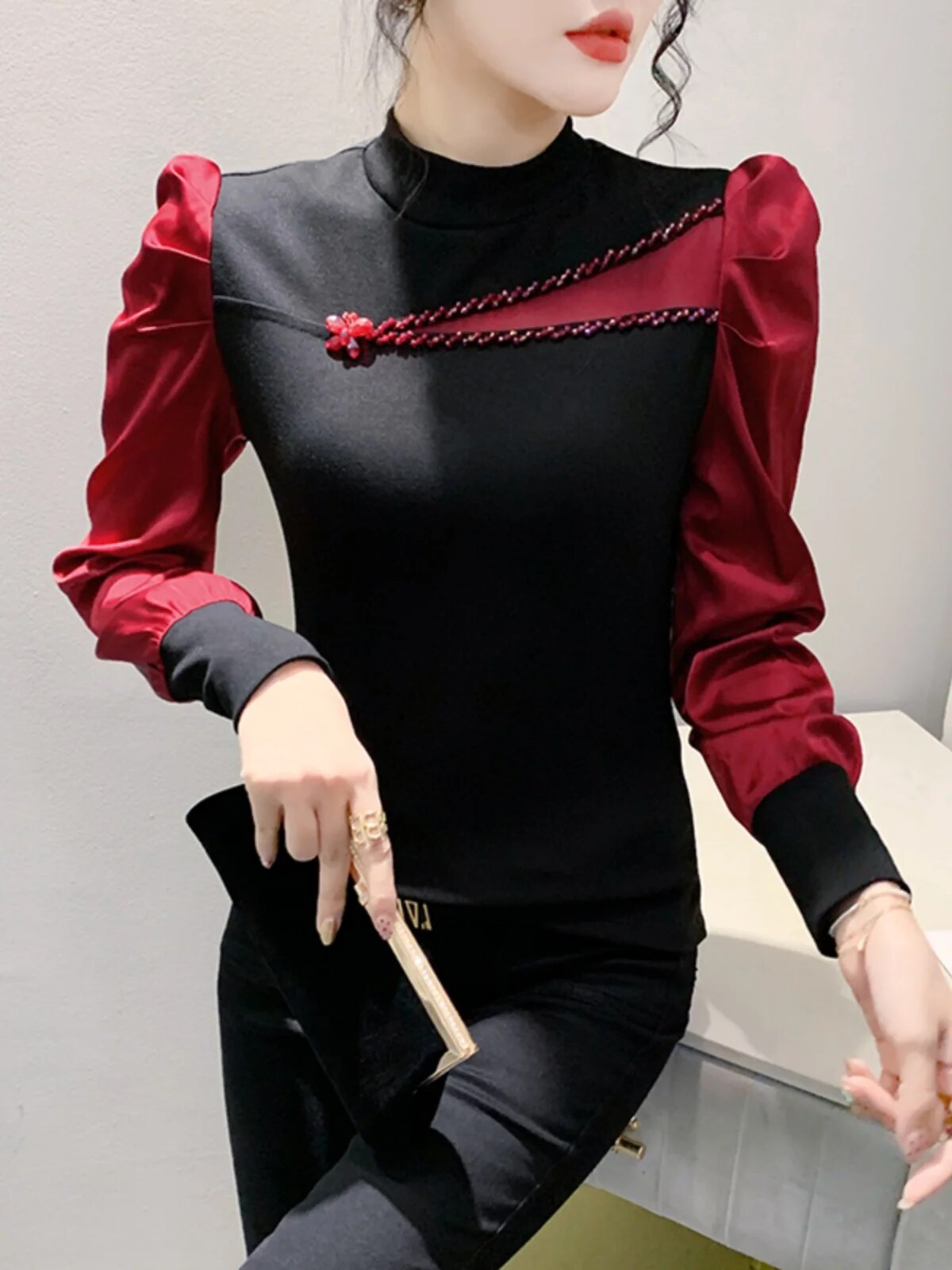 Maxct Women Full Puff Sleeve Beading Cotton T-shirts Girl Patchwork Contrast Color T Shirt Female Autumn Top