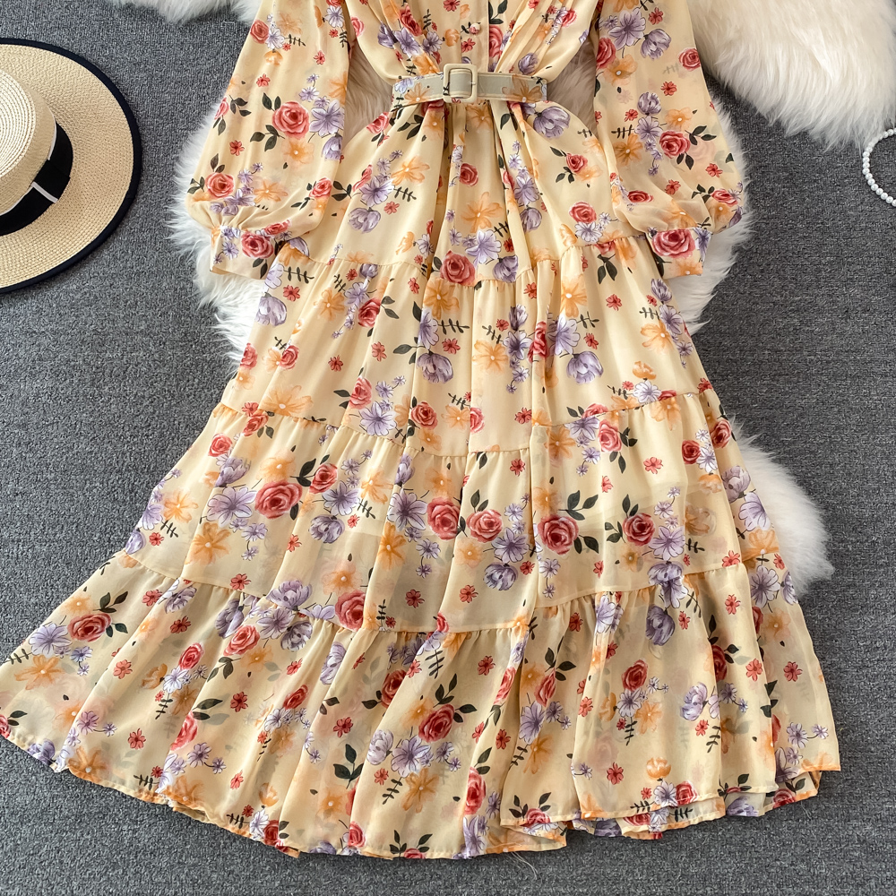 Floral Midi Dress Women Elegant V-Neck Lantern Long Sleeve High Waist Draped A-Line Casual Vestidos Female Spring Autumn