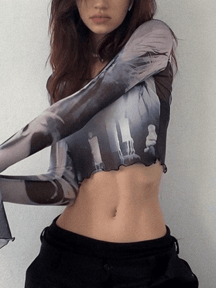 Maxct Cropped Flare Cuffs Mesh Blouse
