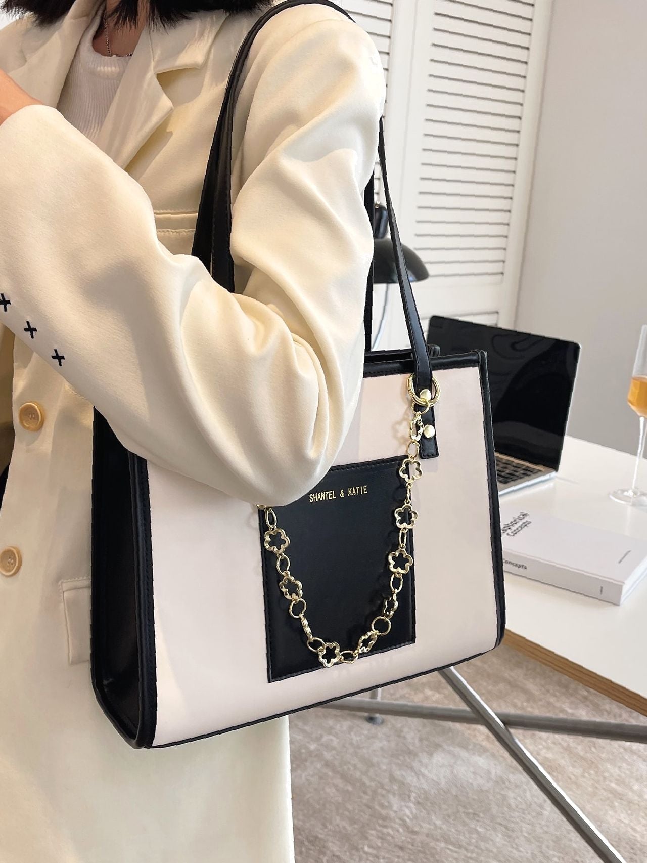 Maxct - Letter Graphic Two Tone Shoulder Tote Bag  - Women Tote Bags