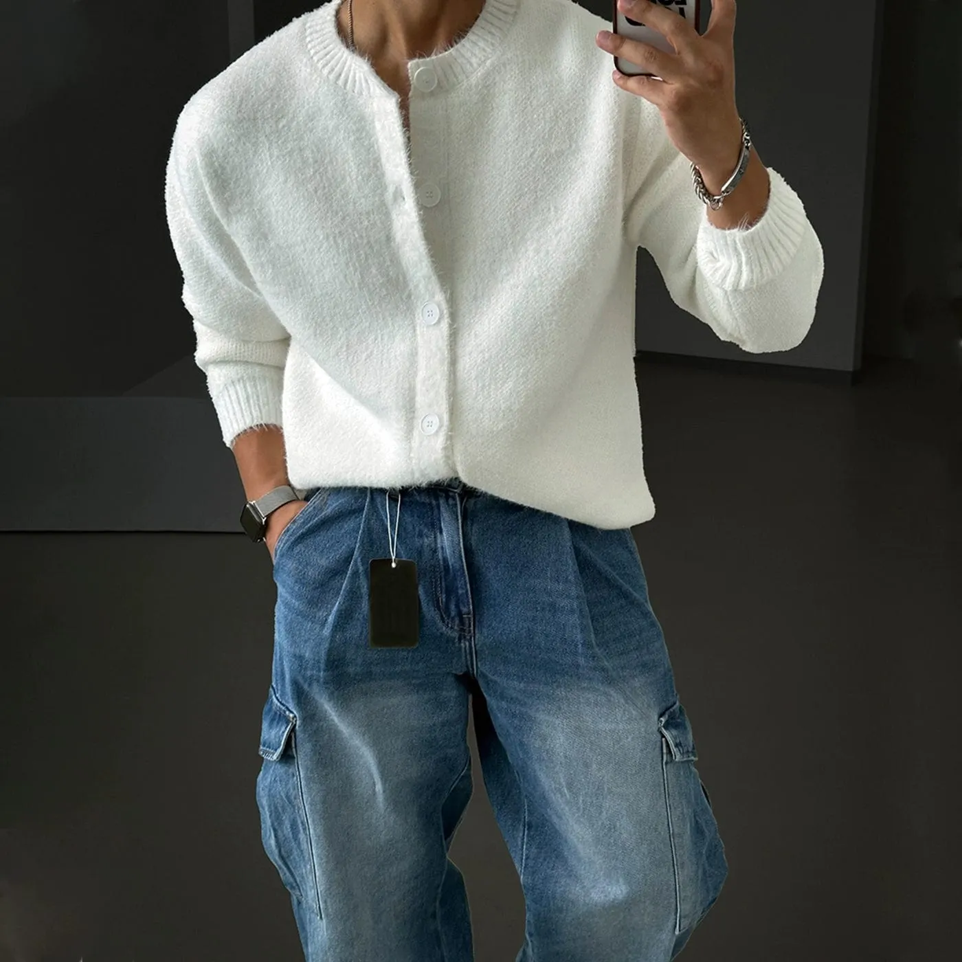 Unisex Brushed-Mohair Round-Neck Cardigan