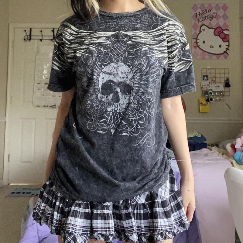 2000s Retro Dark Academia T Shirt Y2K Skulls Wings Graphic Print Tops Summer Short Sleeve Harajuku Tees Mall Goth Clothes