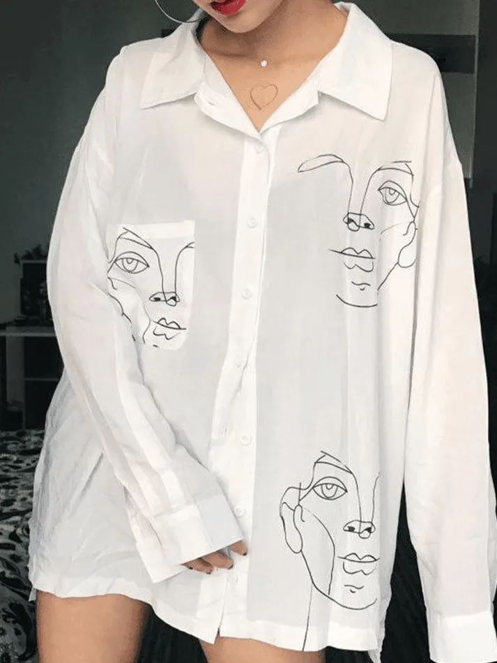 Maxct Abstract Face Print Long Sleeve Blouse