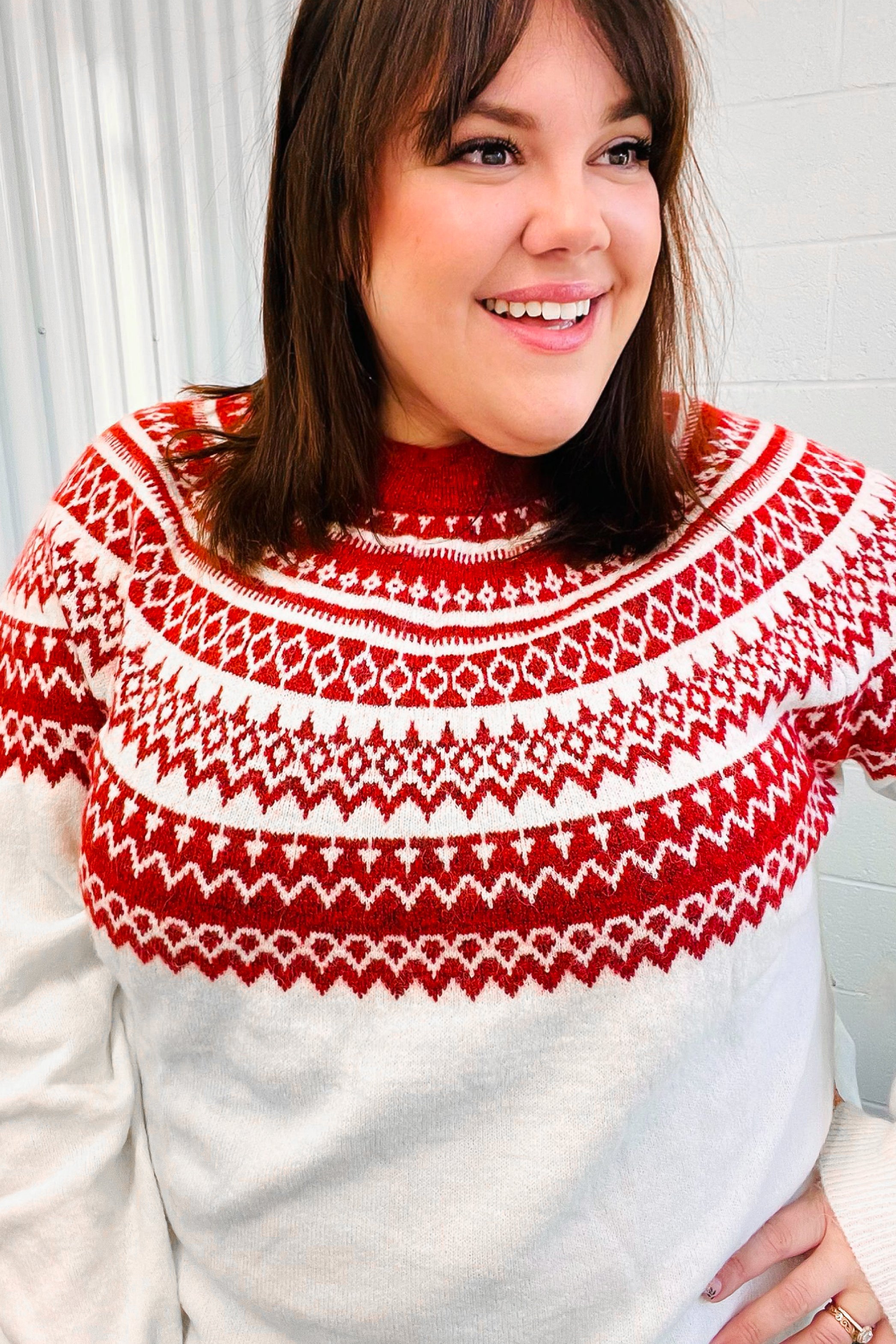 Maxct &Feeling Festive Ivory & Red Fair Isle Mock Neck Sweater