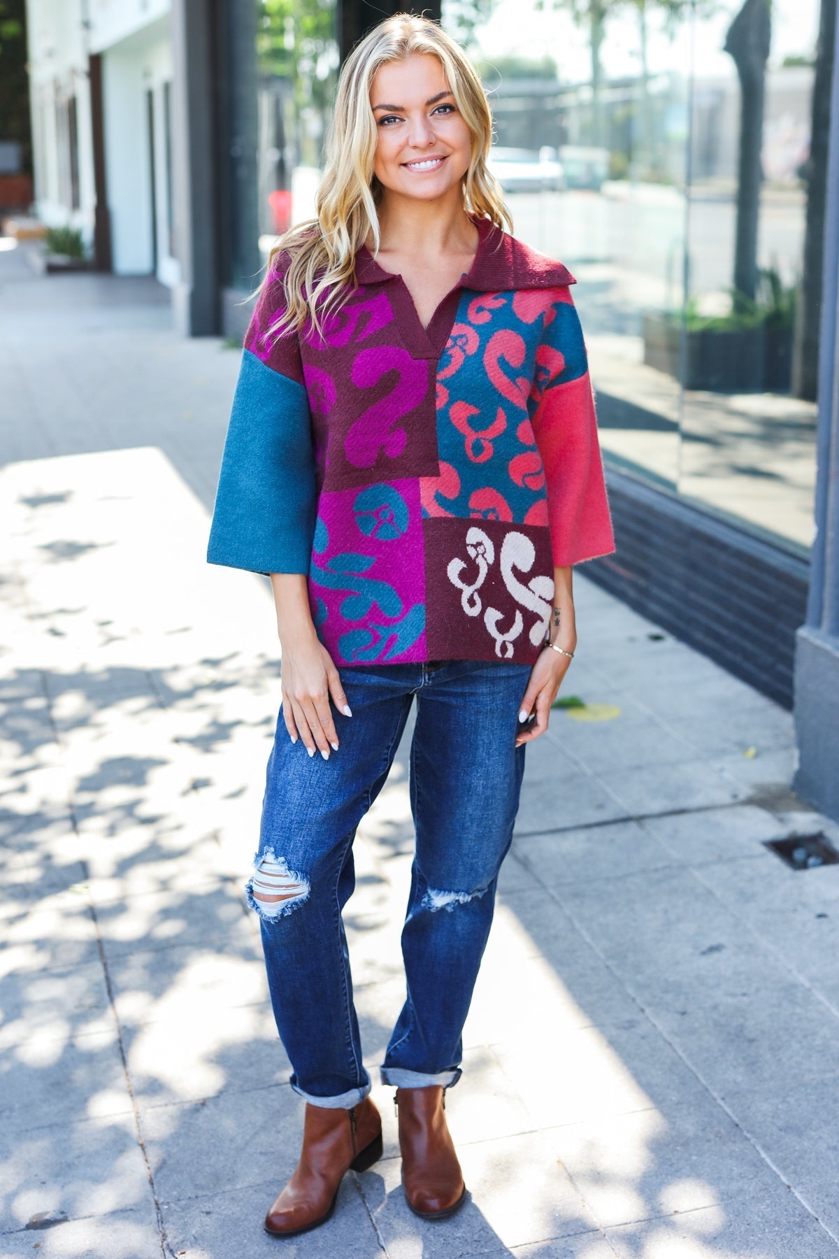 Maxct &Feeling Your Best Wine Abstract Print Color Block Collar V Neck Sweater