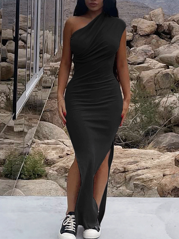 One Shoulder Ruched Bodycon Maxi Dress Maxct