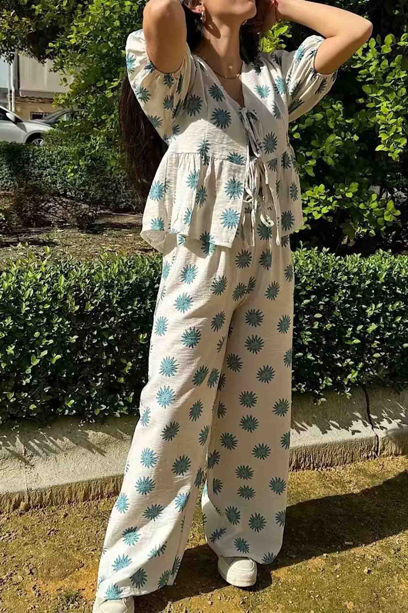 Maxct Printed Lace Up Tops Wide Leg Pants Set