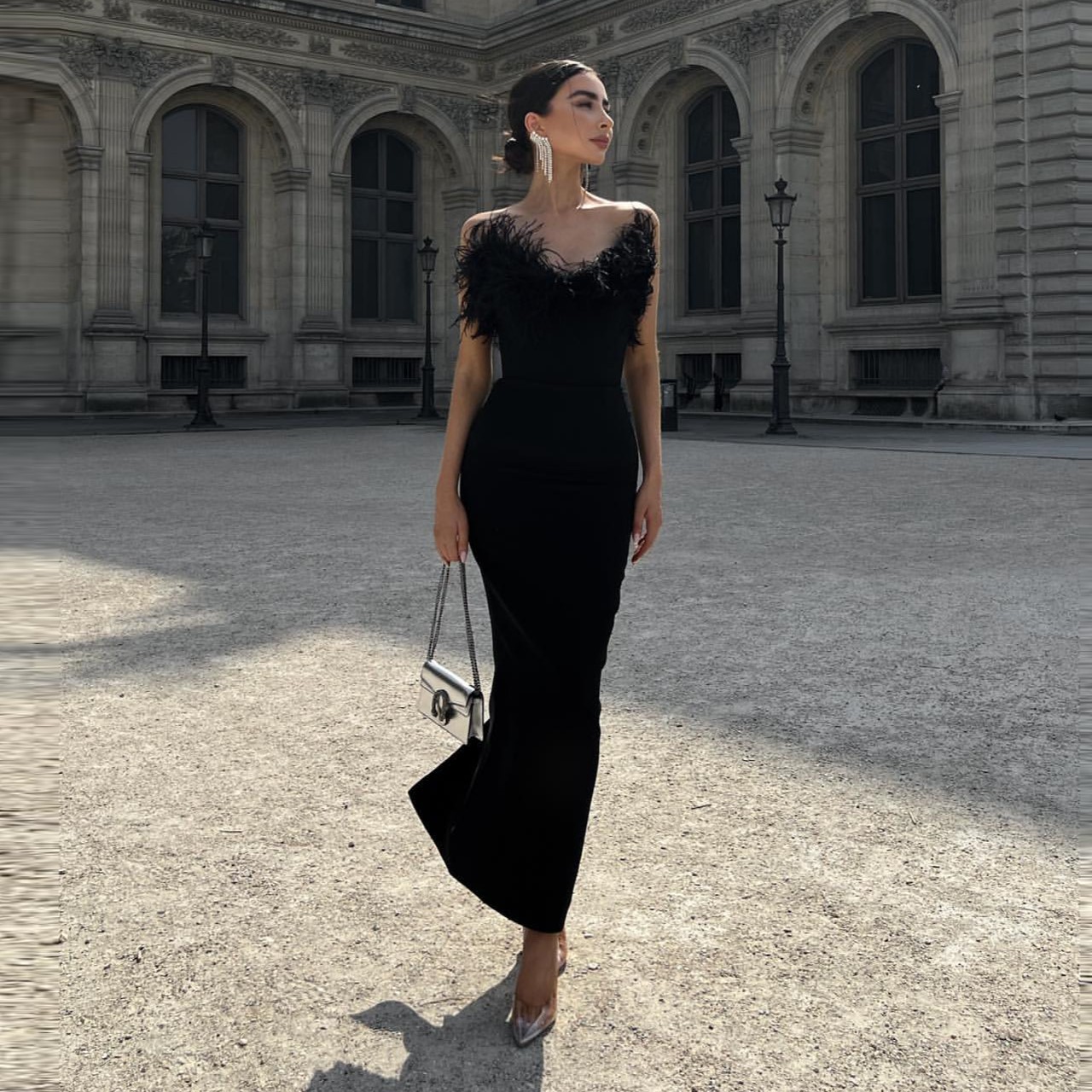 High-end Trendy Niche Designer Evening Dress Autumn And Winter Women's Clothing Trend Ostrich Hair Gowns Bandage Dress Women