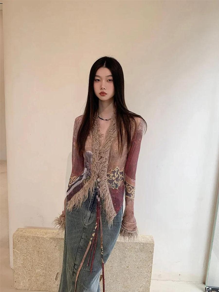 Maxct &Vintage Faux Fur Detailed Lace Up Top
