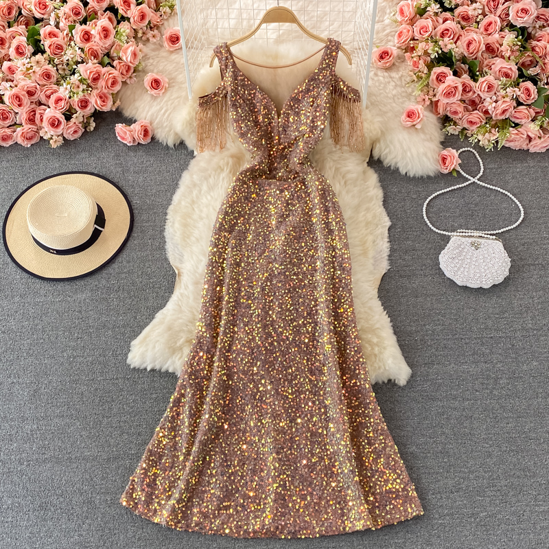 Sequins Party Maxi Dress For Women Sexy V-Neck Short Sleeve High Waist Tassel Long Robe Female Elegant Vestidos
