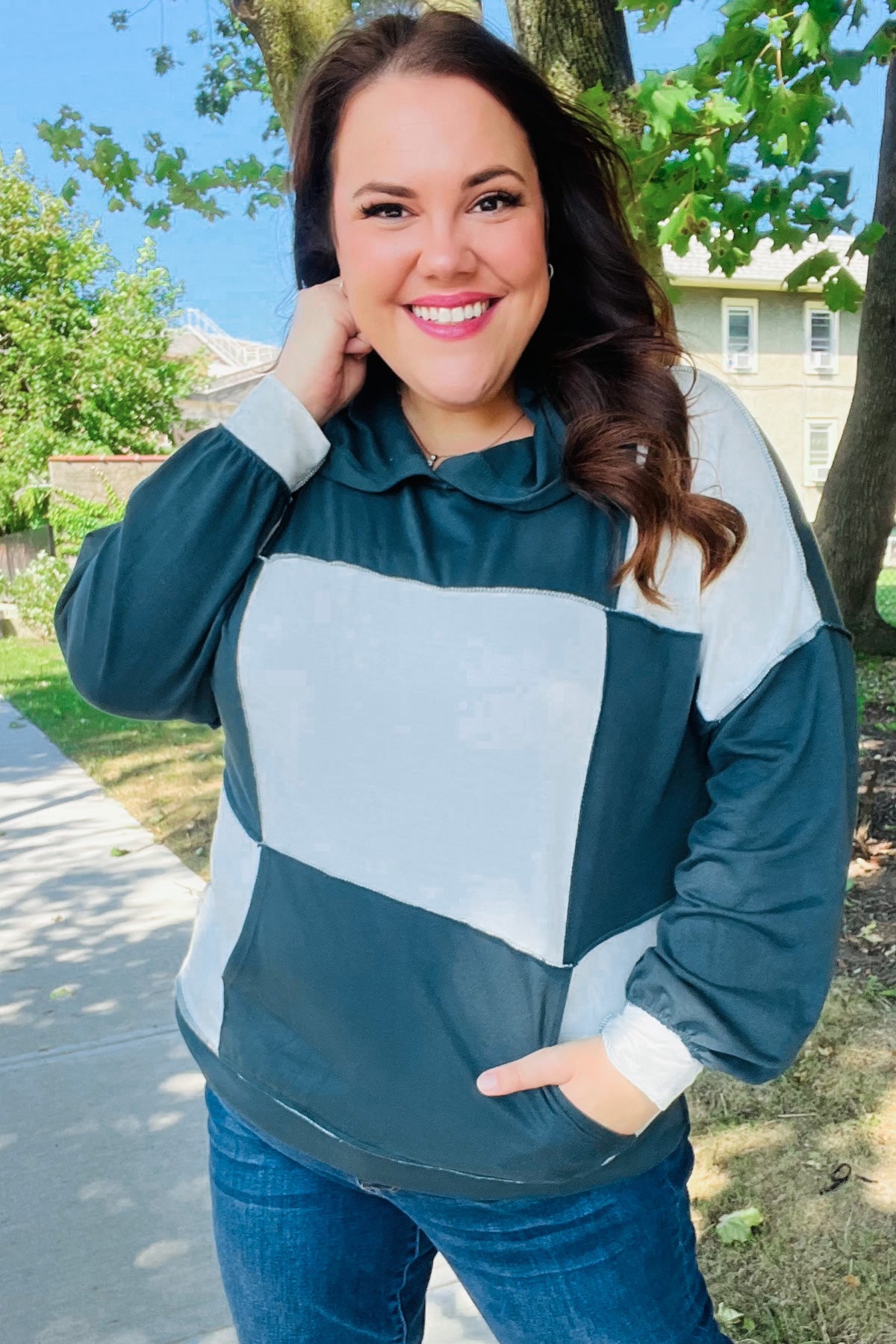 Maxct &Adorable In Hunter Green Color Block Check Print Terry Hoodie
