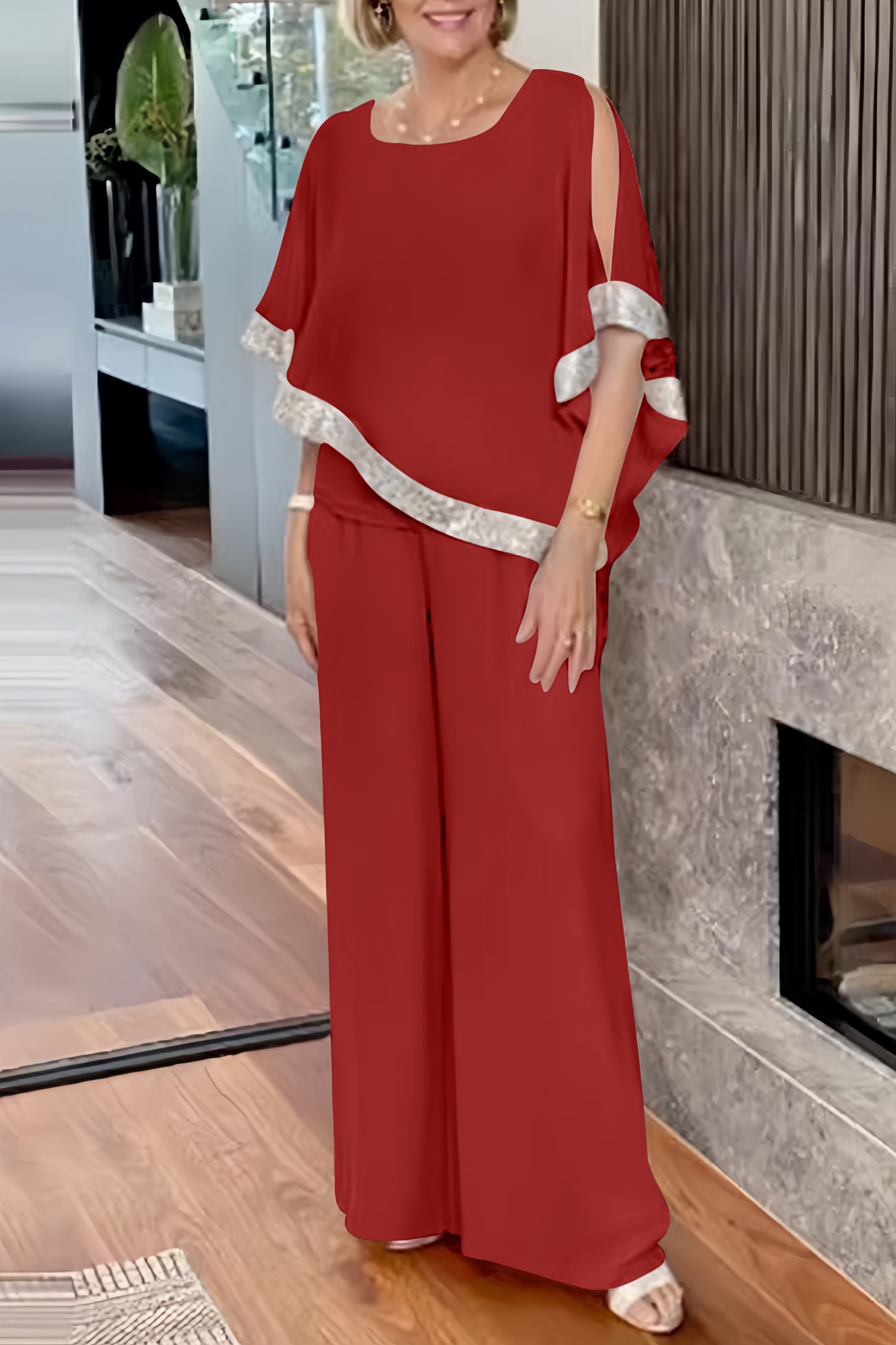 Maxct Sequins Patchwork Slit Bat Sleeve Long Pants Suits