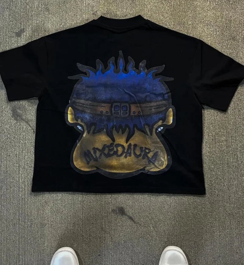 Maxct American Fashion Goth Big Head Cartoon Print Oversized T-Shirt Men's Y2K Street Hip-Hop Harajuku Loose Casual Couple Clothes