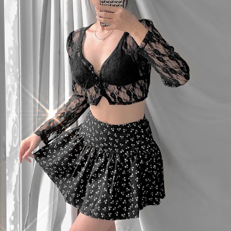 90s Vintage Button Up Long Sleeve Crop Top Floral Lace Transparent T-shirt Korean Harajuku Slim Fit Tees Y2K Women Streetwear