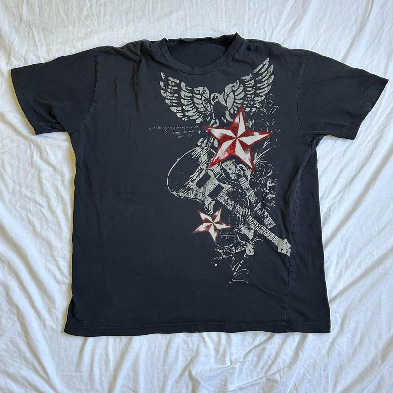 Maxct Y2K Vintage Cyber Graphic T-shirt Halloween Retro Grunge Star Print Pullovers Tops Japanese Style Emo Short Sleeve Baggy Tees