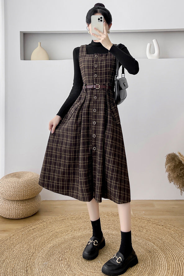 Button Up Plaid Pinafore Dress Maxct