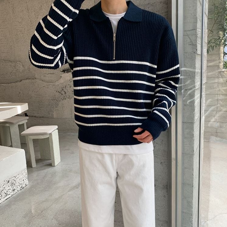 Maxct 5543 Knitted Half Zip-Up Stripe Sweater