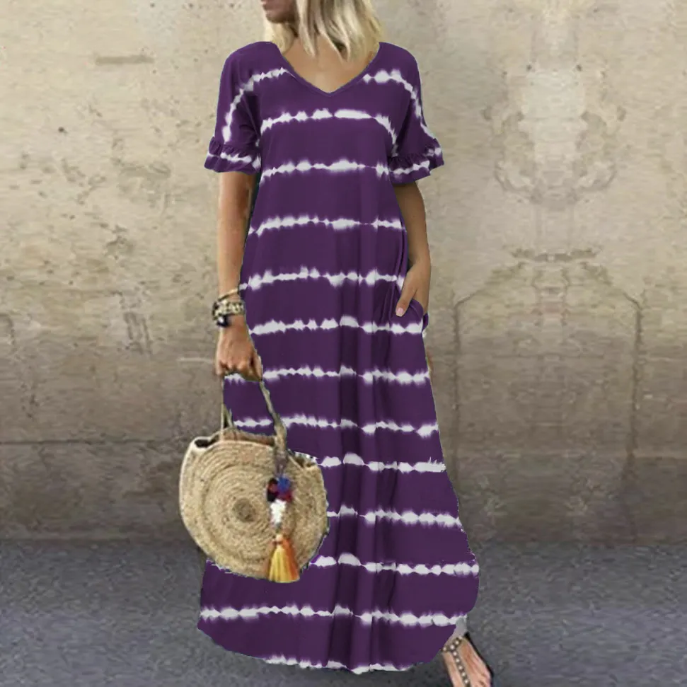 Maxct Maxct Summer Dress Wishv-Neck Lotus Sleeve Striped Print Dress Plus Size Casual Dress