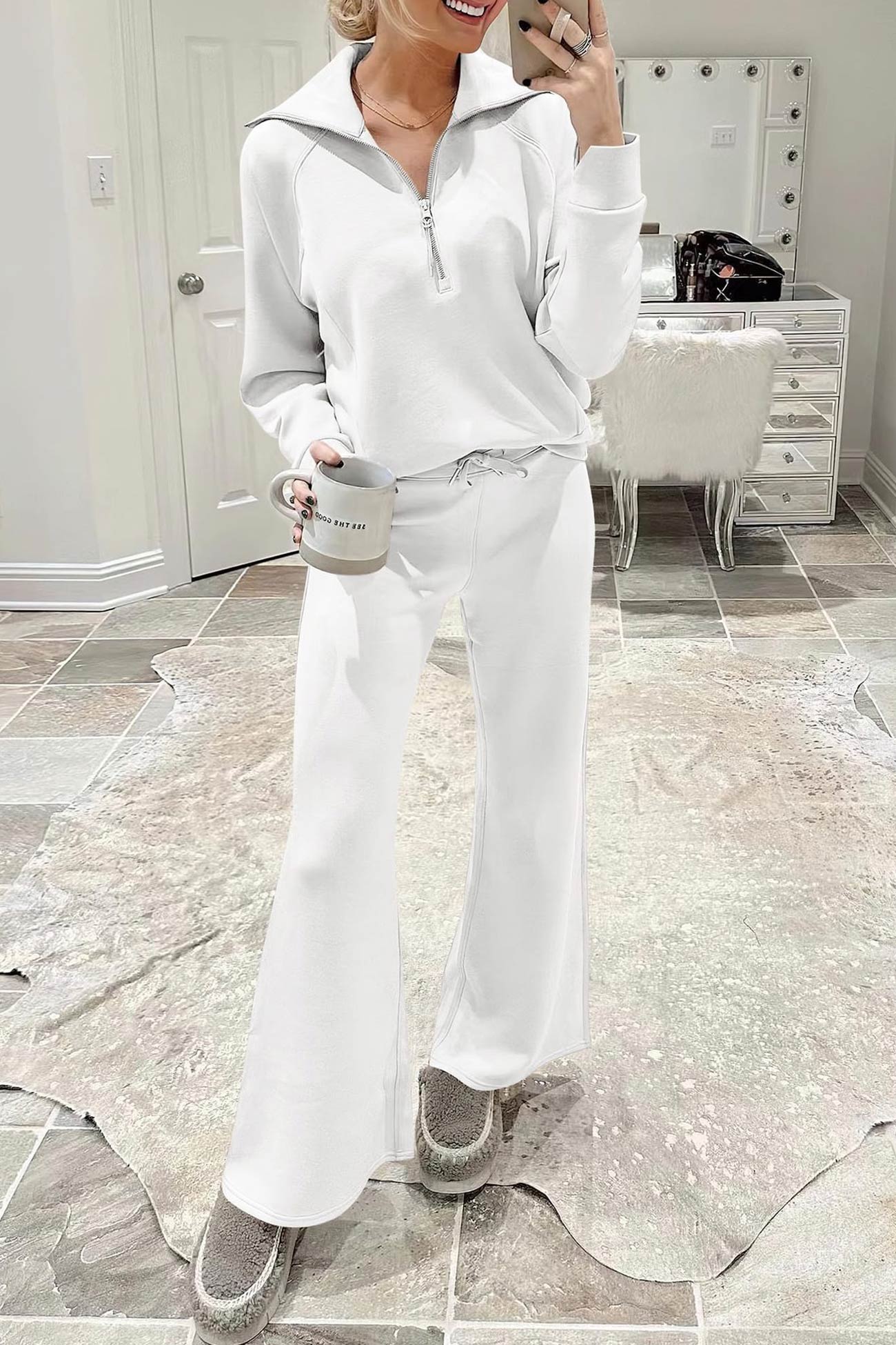 Maxct Lapel Zip-up Sweatshirt Wide Leg Long Pants Set
