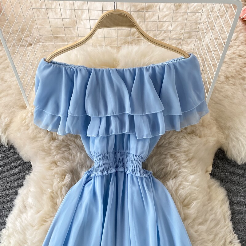 Chiffon Dress Women Sexy Slash Neck Ruffle Robe Elegant Ruffle High Waist Vestidos Female Beach Vacation New